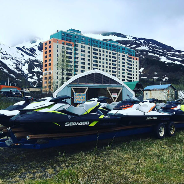 Jetskis on Trailer parked in front of Resort